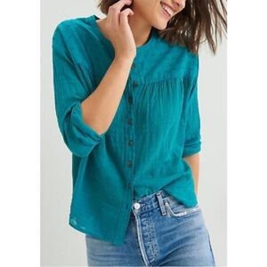 Anthropologie Pilcro Mila Teal Peasant Cotton Long Sleeves Top Sz XS